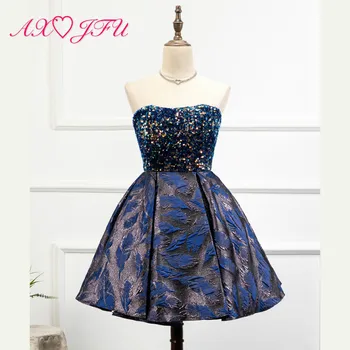

AXJFU Luxury princess navy blue lace evening dress vintage strapless beading sequins short sparkly blue lace evening dress
