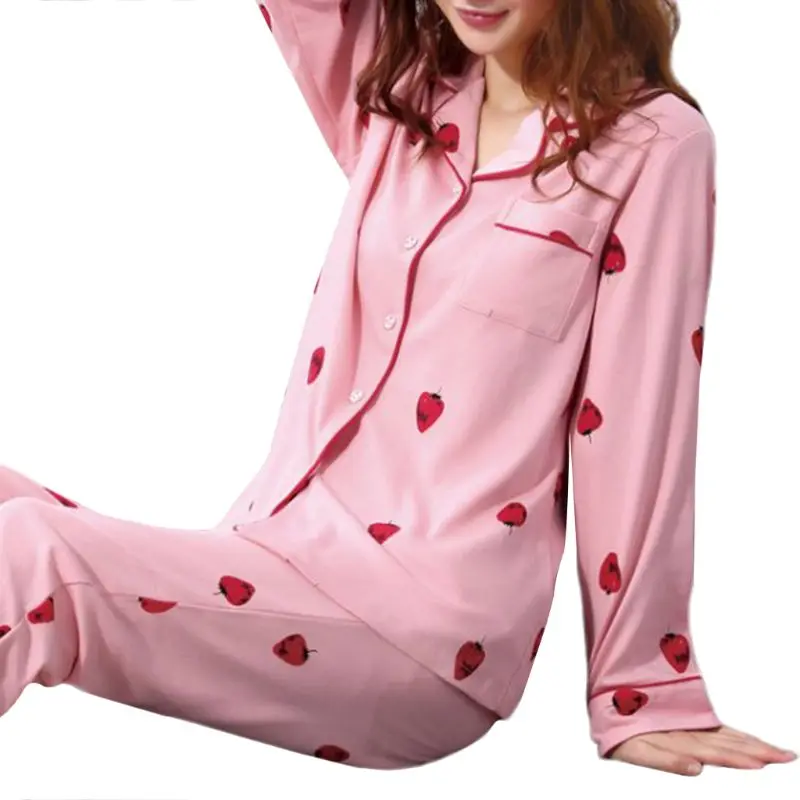Женская Осенняя пижама с длинным рукавом, комплект на пуговицах, одежда для сна с милым мультяшным животным, фруктовым принтом, топы с карманами и штаны, домашняя одежда - Цвет: 17