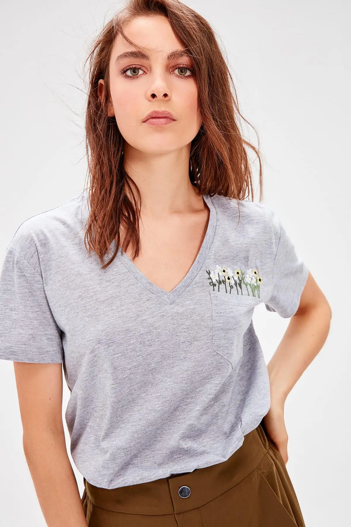 

Trendyol Gray Embroidered Basic Knitted T-Shirts TWOSS19TS0508