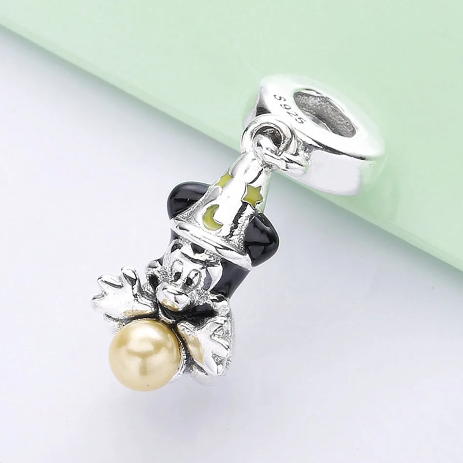 Черный эмаль Микки колдун с Золотой Глобус кулон бусины подходит 925 пробы серебряный шарм Pandora браслет Diy ювелирные изделия
