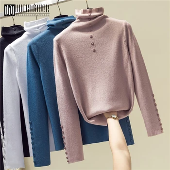 

Duckwaver Button Solid Color Turtleneck Pullover Sweater Women Basic Knit Bottoming Shirt Winter Autumn Slim Elasticity Sweater