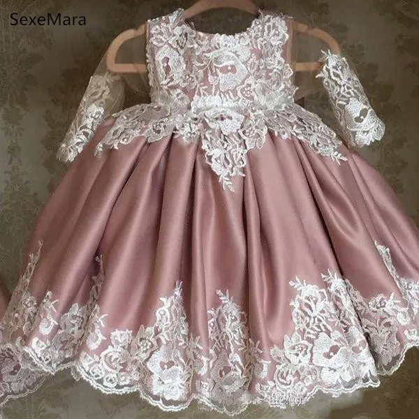 

Lace Satin Flower Girl Dress Long Sleeve Applique Beautiful Infant Birthday Party Gown Kids Clothes for Ceremony