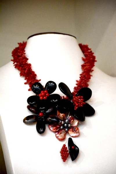 Free ship!2016 Summer new Design charming red coral with black onyx shell flower necklace for women | Украшения и аксессуары