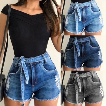 

2020 New Denim Short Jeans Casual Summer Plus Size High Waists Short Belt Hole Ripped lady Sexy hotpants female S-3XL