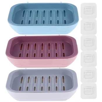 

3pcs Soap Dish Wall Mounted Leachate Tray Soap Box Soap Holder Bathroom Accessory Blue and Yellow Beige and Grey Green and Blue