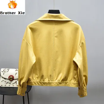 

2020 New Women Faux Pu Leather Jacket Short Biker Coat Autumn Faux Leather Motorcycle Jacket Single Breasted Yellow Outwear