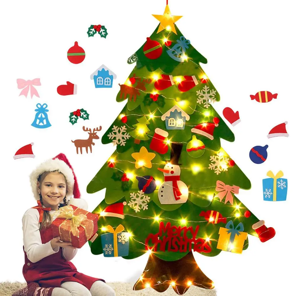 Árbol de Navidad de fieltro, árbol de Navidad suave con adornos y Guirnalda de luces, adornos de Navidad de Santa Claus
