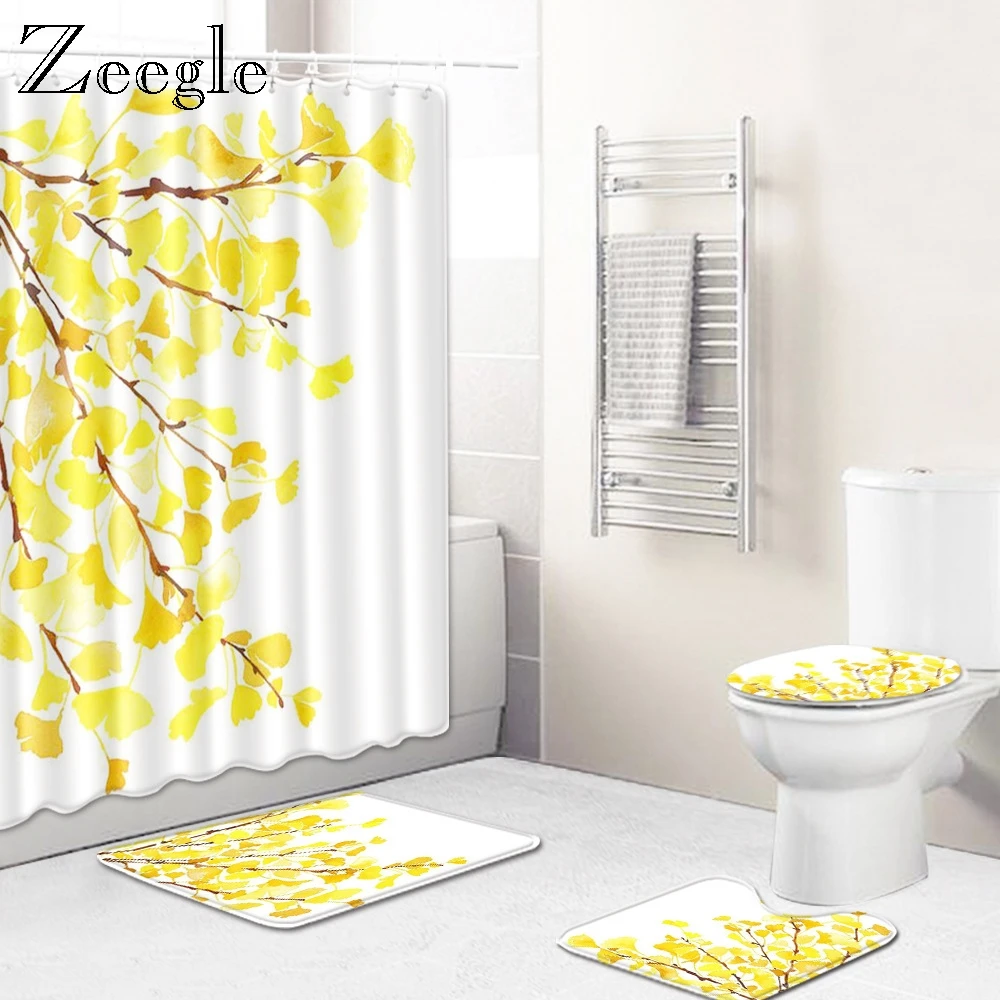 Zeegle Creative Bath Mat Non Slip Toilet Mat Shower Curtain Set  Soft Rug Toilet Seat Cover Modern Waterproof Shower Curtain