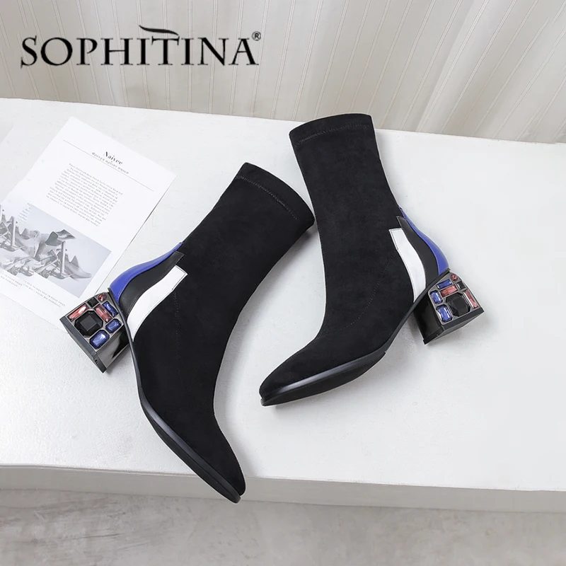 

SOPHITINA Fashion Mid Calf Women Boots Warm Mixed Colors New Design High Square Heel Flock Women Shoes Elegant Party Boots MO414