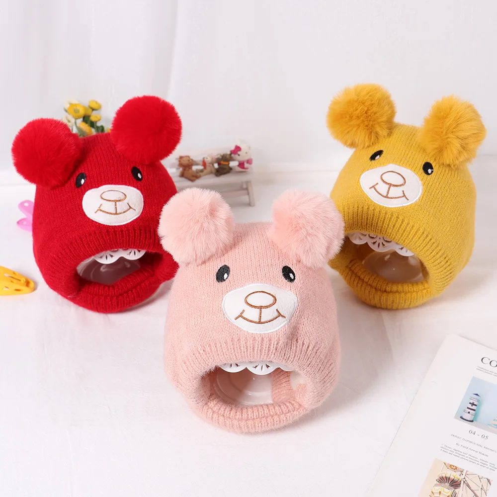 Baby boy girl hats Cartoon smile face bear autumn and winter new children's warm wool hat 1-4 years old baby Korean knit hat