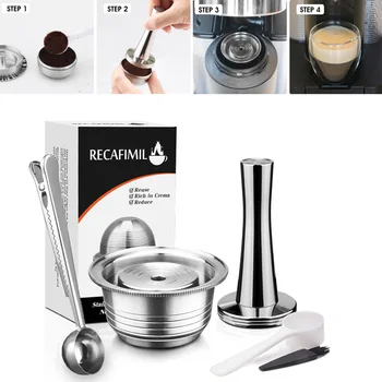 

Reusable 230ml Refillable Stainless Steel Coffee Pod Capsule Tamper Set For Nespresso Vertuo Plus Series Coffeeware spoon Brush