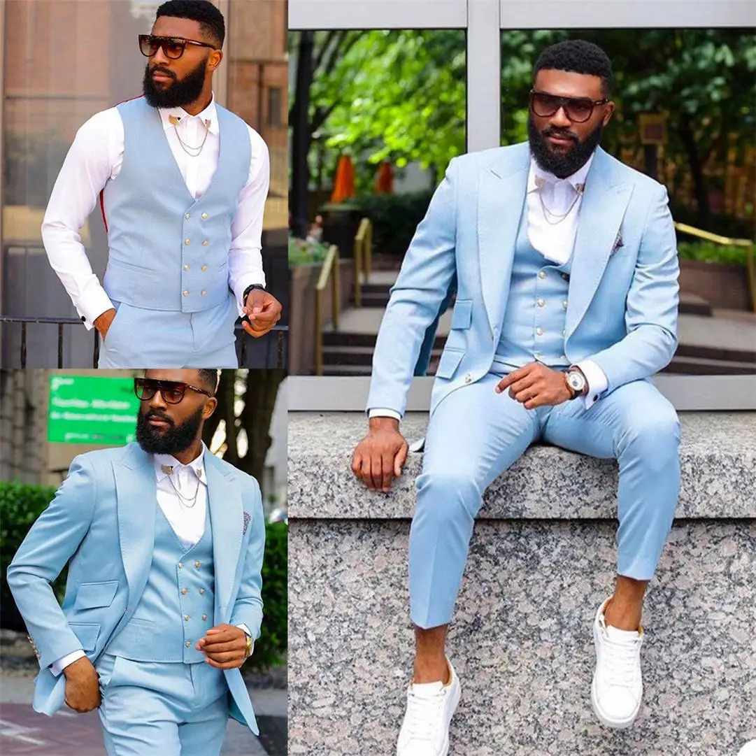 

Sky Blue 3 Pcs Wedding Tuxedos for Men Plus Size Jacket Vest Pants Customise Groom Groomsmen Suit Mens' Business Formal Wear