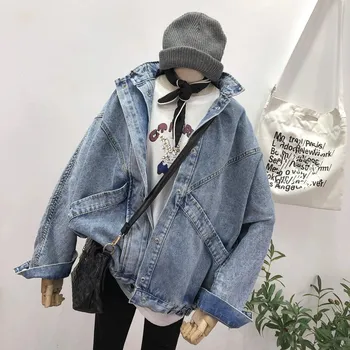 

Women Vintage Long Sleeve Denim Jacket Button 2019 Autumn Turn-Down Collar Solid Jackets Streetwear Loose Plus Size Coat