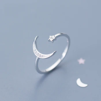 

2019 New 925 Sterling Silver Adjustable Women Rings Rhinestone Moon Star Wedding Rings for Women Girls Party Wedding Jewelry