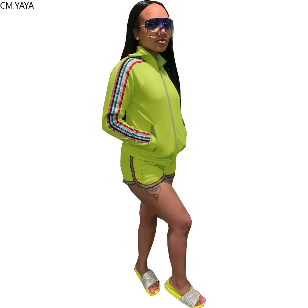 

Autumn new Women sequins stripes splicing side zipper up trench shorts suit two piece set fashion sporty tracksuit outfit GL8290