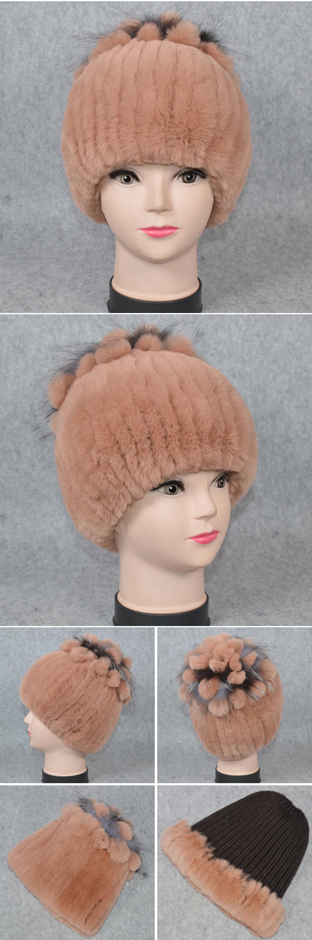 Новые русские Женские Настоящий мех кролика Skullies шапки Роскошные вязаные цветы натуральная шапка из меха кролика рекс зимние натуральный мех шапочки