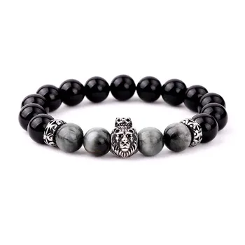 New Simple Design Animal Stainless Steel Wolf Lion Buddha Charms Natural Stone Eagle Beads Elastic Bracelet Men