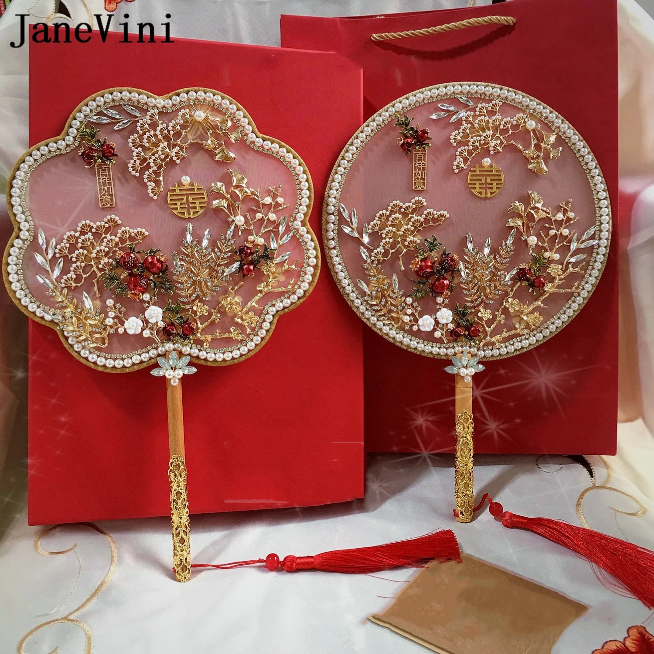 

JaneVini Luxury Chinese Bridal Bouquets Fan Type Both Side Flower Pearls Artificial Metal Round Fan Wedding Jewelry Accessories