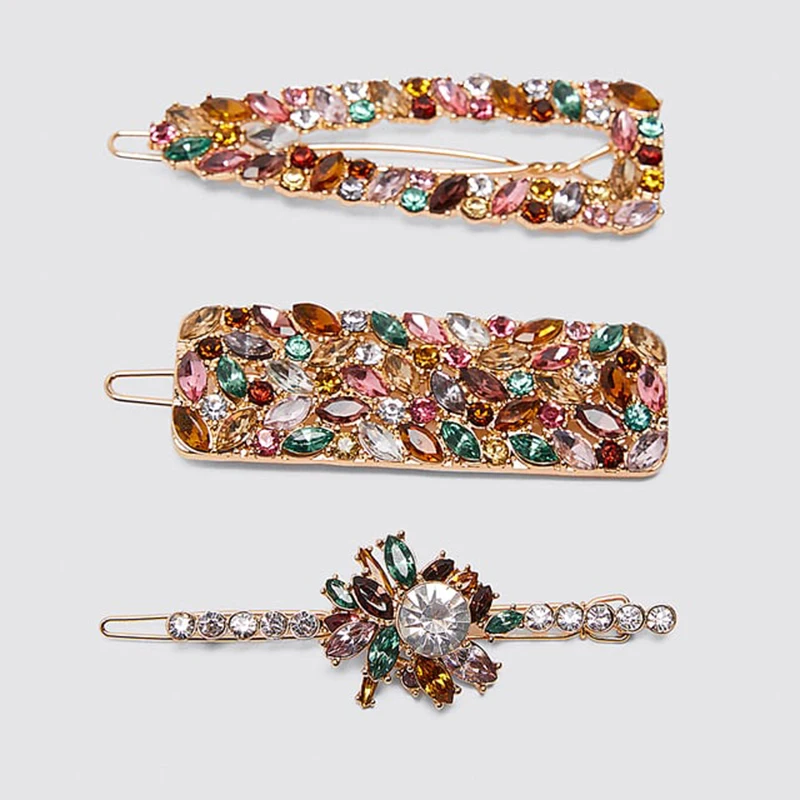 

Best lady Colorful Crystal Hair Pin for Women ZA Hair Jewelry Shiny Glass Geometric Hair Clips Wedding Bobby Pin Barrettes Gifts