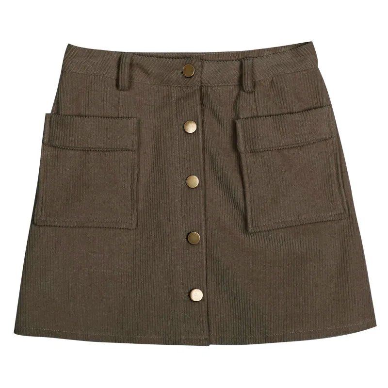 

Button Front Corduroy Skirt With Pockets Women Short Cotton Mini Skirts High Waist Fall