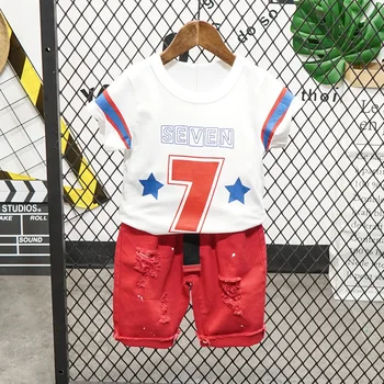 

2PCS WLG Boys Outfits Kids Summer White Letter Short Sleeve T Shirt and Red Ripped Short Set Baby Boy Fashion Clothes for 2-6T