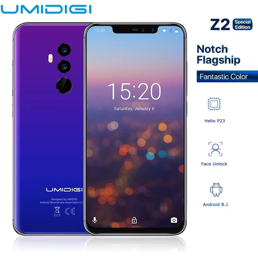 Смартфон UMIDIGI Z2 Special Edition 4G 6 2 дюймов Helio P23 Восьмиядерный Android 8 1 4 Гб ОЗУ 64 ПЗУ