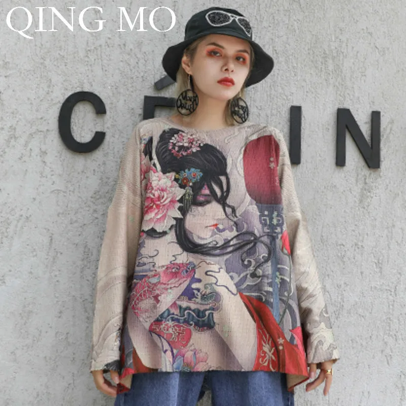 

QING MO Women Beauty Print Vintage Style Sweater 2019 Autumn Women Long Sleeve Knitted Sweater Plus Size Elegant Sweater ZQY1347