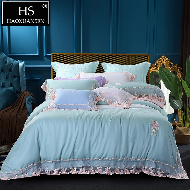 

Organic Natural Silky Soft 100% Tencel Lyocell Bedding Sets Green Princess Lace 4 Piece Bed Linens 650 Thread Count Sheets