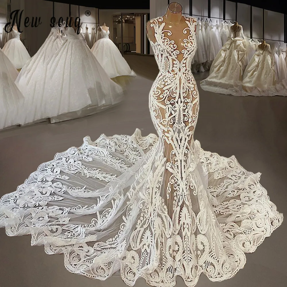 

Robe de mariee Lace Mermaid Wedding Gowns with Court Train Illusion Bride Dress Gowns Custom Plus Size Turkey Vestido de Novia