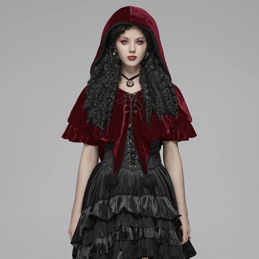 

PUNK RAVE Women's Gothic Lolita Velvet Short Cloak Soft Coral Velvet Loose Party Cub Stage Performace Women Short Cape