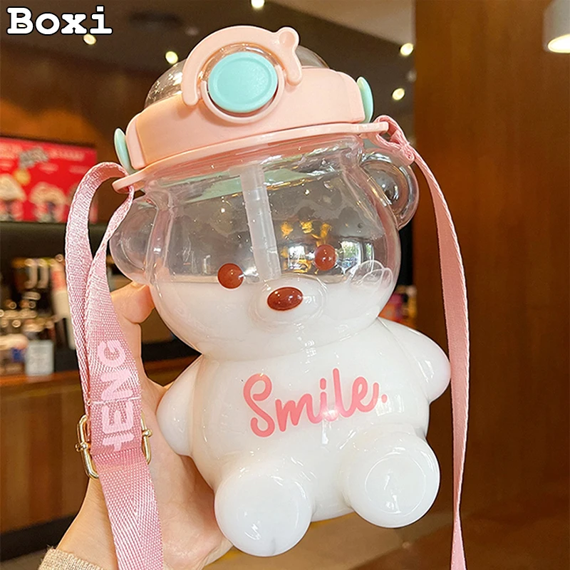 ANSAIR Simpatica Bottiglia d'Acqua a Forma di Orso Kawaii con Tracolla, Bottiglia d'Acqua Kawaii Portatile di Grande capacità for Ragazzi e Ragazze