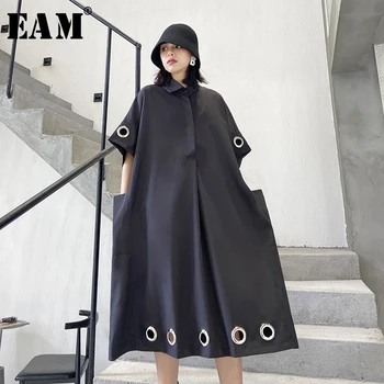 

[EAM] Women Black Hollow Out Big Size Shirt Dress New Lapel Three-quarter Sleeve Loose Fit Fashion Tide Spring Autumn 2020 1T766