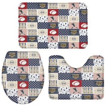 

3 Pieces Bathroom Set Baseball Sports Red White Blue Bath Set Toilet Cover Mat Pedestal Rug Non-Slip Bathroom Rug Set