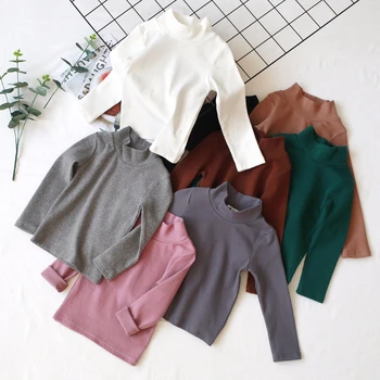 

2020 Autumn Baby Children's Solid Color Middle Collar T-Shirt Thicken Brushed Bottoming Tops for Girls and Boys Clothes