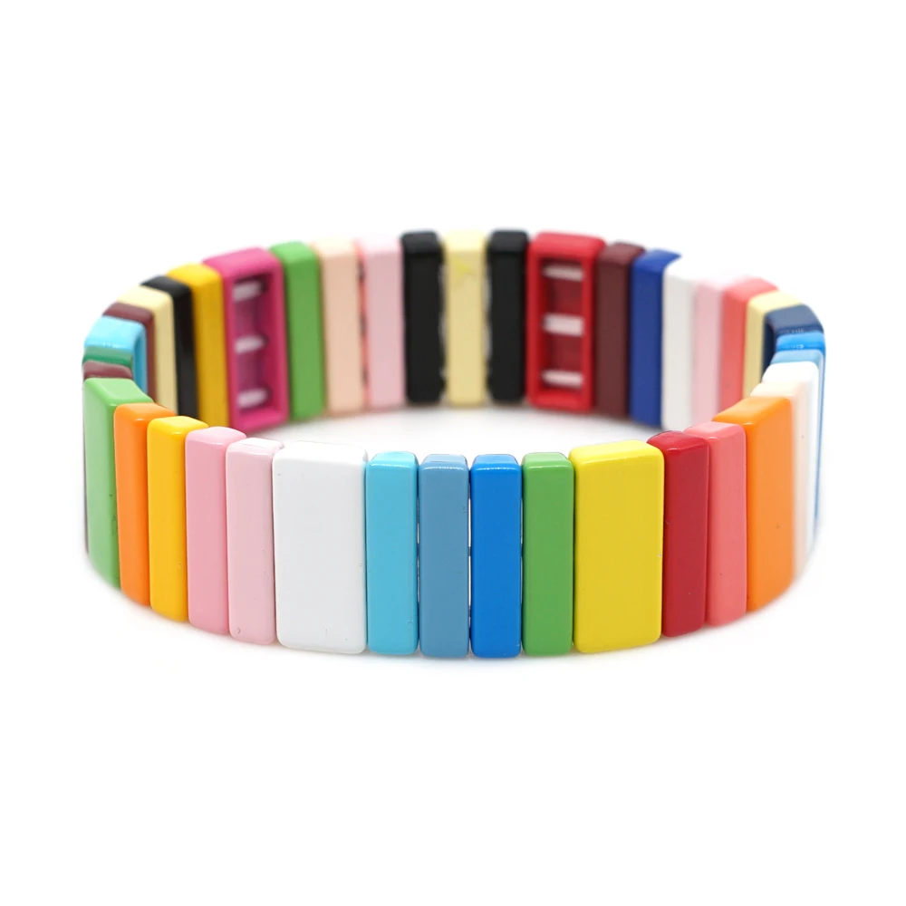 

KELITCH Boho Candy Color Enamel Bracelets Handmade Gradient Design Long Tile Beaded Stretch Bracelets Cuff Women Jewelry