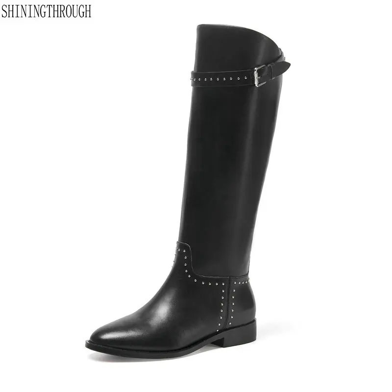 

Genuine Leather Women Knee High Boots low Heels Long Autumn Winter Shoes Woman Motorcycle Boots size 41 42 43
