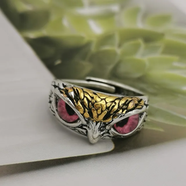 YADELAI Charming Fashion Owl Ring Vintage Man and Women Alloy Blue Eyes Owl Ring Versatile Argent  Adjustable Creativering Ring JZ-598 pink