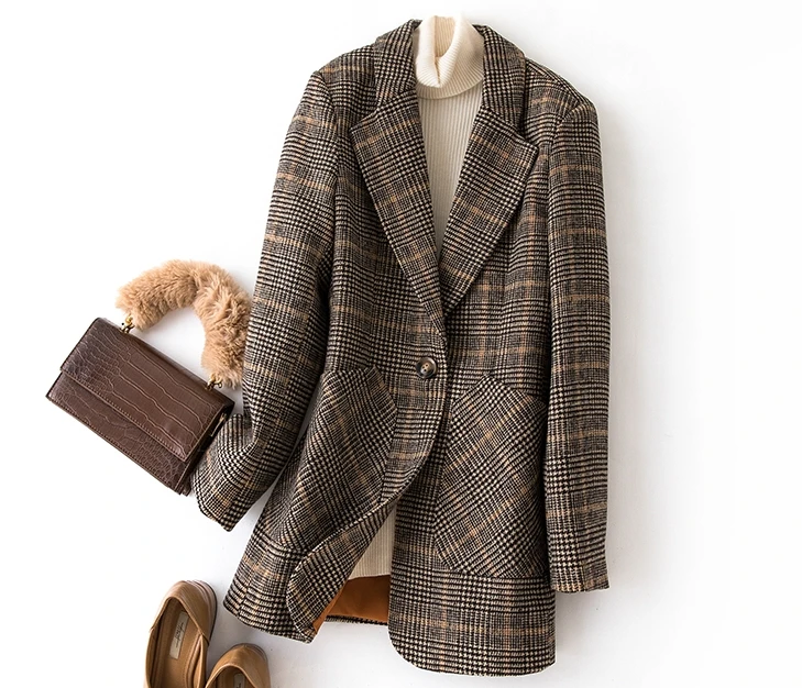 Bella Philosophy Fall new arrival women plaid suit jacket ladies plus size slim casual short blazer single breastered coat - Цвет: Коричневый
