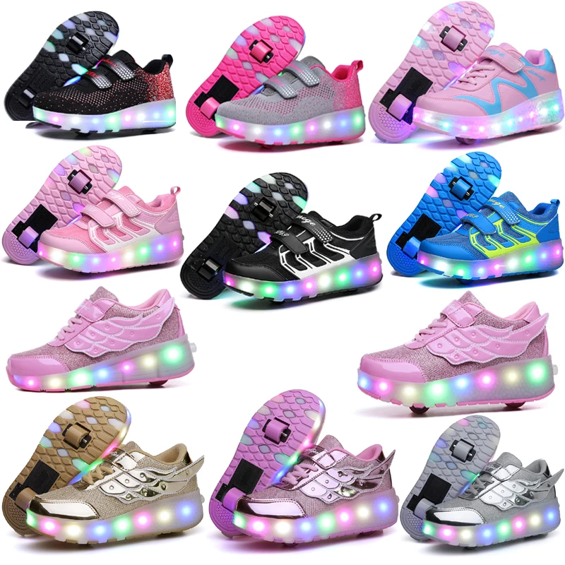 Two Wheels Luminous Sneakers Led Light Roller Skate Shoes Eur Children Kids Boys Girls Up With wheels Shoe | Детская одежда и