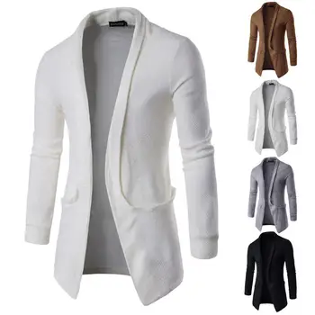 

Casual Men Solid Color Sweater Cardigan Turn Down Collar Pocket Long Jacket Coat