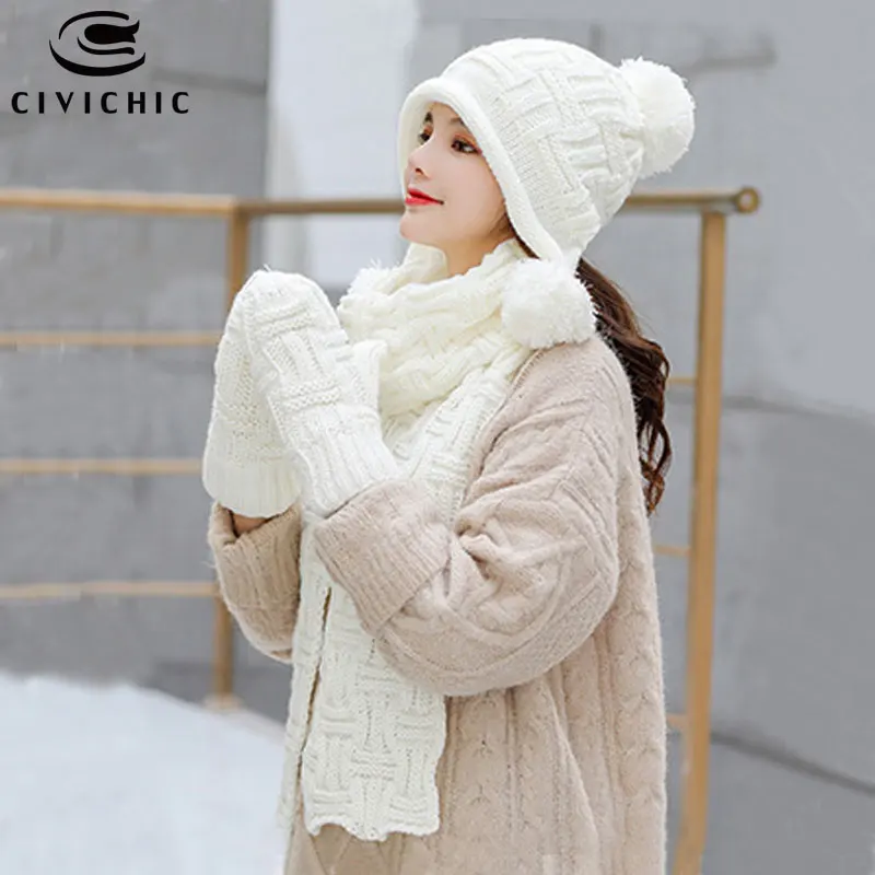 CIVICHIC модные осень-зима на открытом воздухе комплект из 3 предметов, теплая шапка шарф перчатки Комплект Для женщин Флисовая Повязка «кроше» с отложным воротником бархатные рукавички SH131