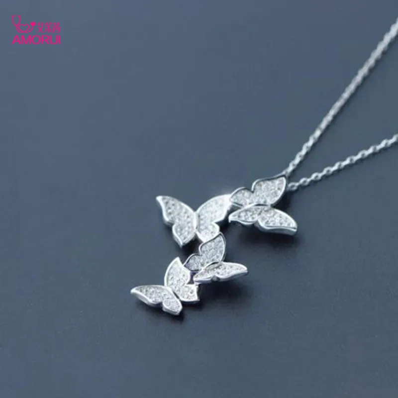 AMORUI Women Fashion Butterfly Silver Color Pendant Necklace Romantic AAA Zircon Necklace Anniversary Gift Jewelry