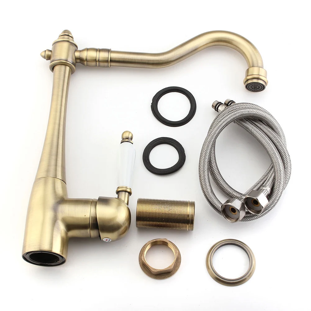 Antique Copper Bathroom Basin Faucet Deck Mounted Hot N Cold Water Facuet Hight 290mm Mixer Tap With Braided Hoses Mounting Kit