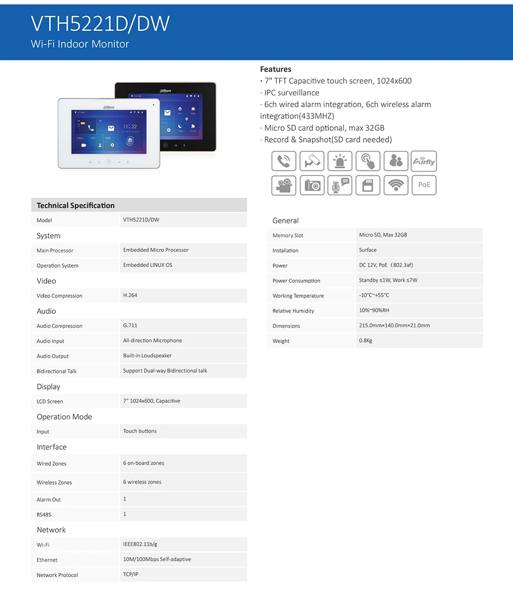 Dahua Wi-Fi Крытый монитор VTH5221D/DW мульти-Язык 7 дюймов Сенсорный экран микро SD карты встроенный ИК ip-камера проводной дверной звонок