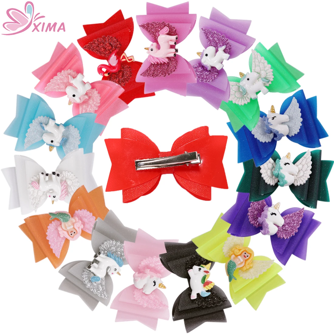 

XIMA 15pcs/lot Unicorn Wing Bows Hair Clip Waterproof PVC 3inch Bows Hairpins Dance Party Wing Clips Princess Unicorn Hairgrips