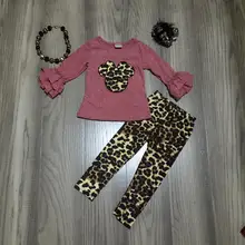 Весенне-зимний комплект детской одежды для маленьких девочек; одежда с рисунком мышки, леопарда, молочного шелка, пыльно-розового цвета; штаны с оборками; хлопковые аксессуары