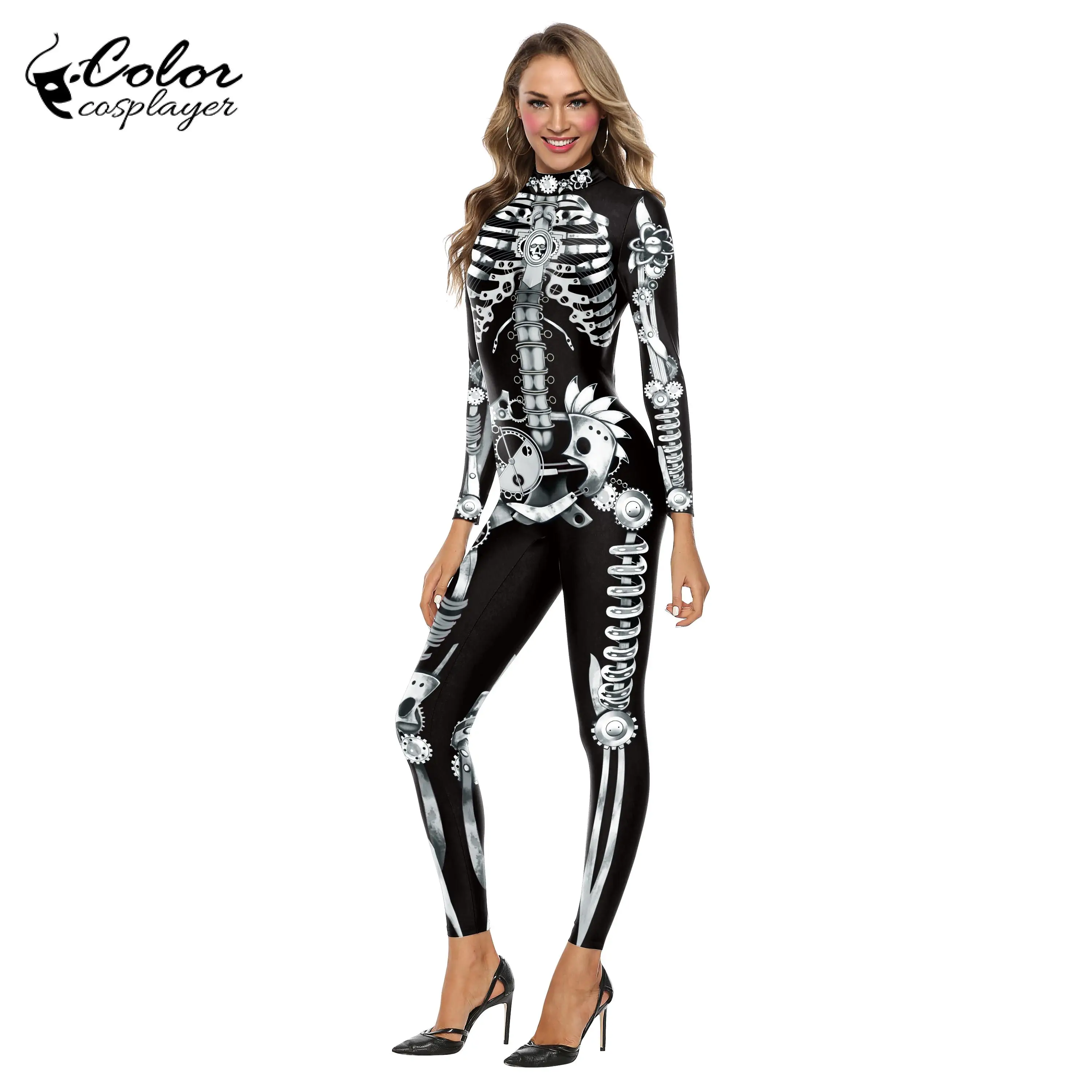 Color Cosplayer Women Skull Halloween Party Costume Scary 3D Printing Cosplay Bodysuit Stretch Sexy Zentai Catsuit Jumpsuits