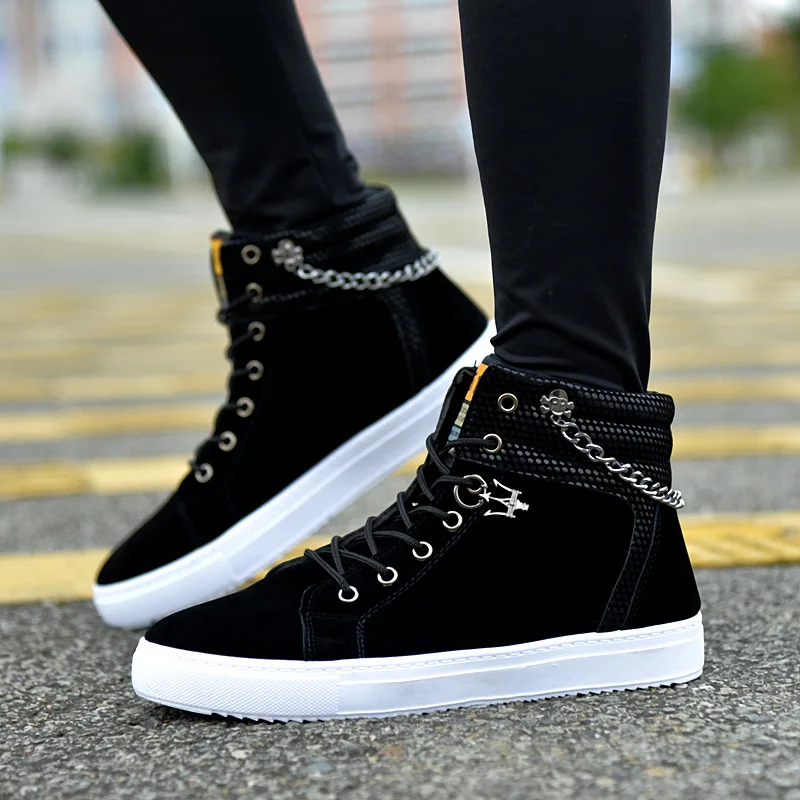Черный Spring New Men's Shoes Korean Fashion Chain Canvas Shoes High To Help Casual Shoes Men's Shoes Men Shoes Sneakers - Цвет: Черный