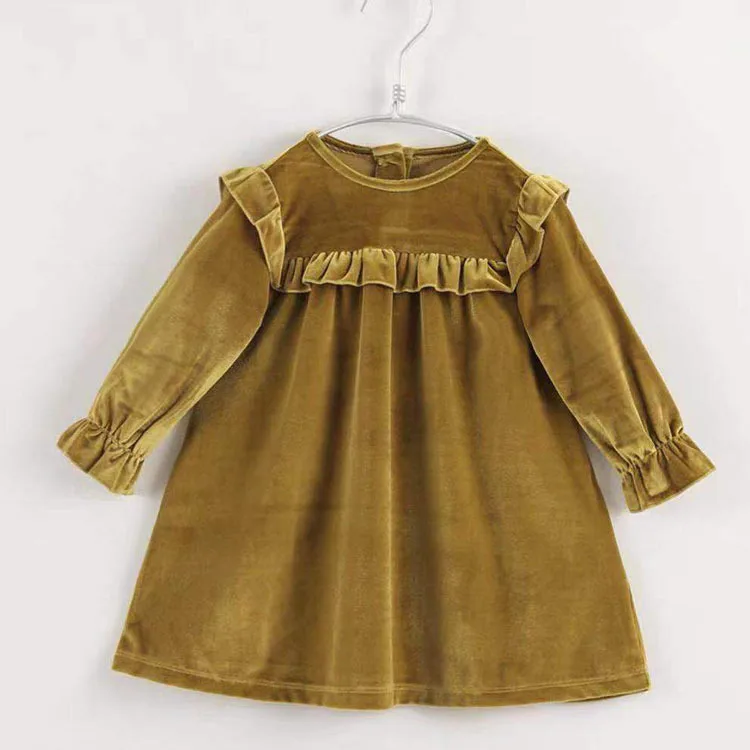 Ceny Dziewczynek DressAutumn zima jednolity kolor z długim rękawem maluch welurowe sukienki słodkie dzieci aksamitne ubrania księżniczka Ruffles sukienki