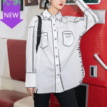 

long sleeve tide new streetwear single-breasted fashion tops women 2020 autumn Graffiti print white shirt famale